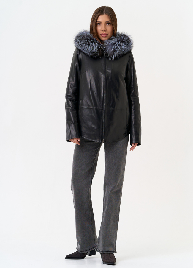 Женская куртка из натуральной кожи с капюшоном из меха чернобурки модель № 31666 универмаг малина