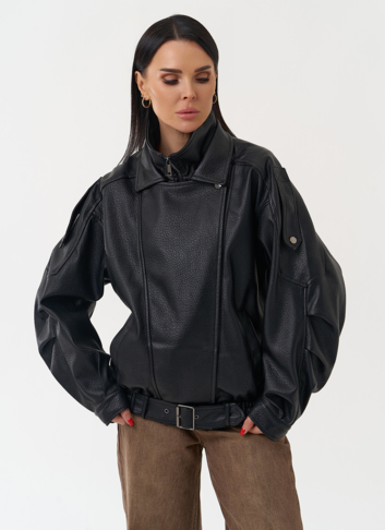 Куртка бомбер из эко кожи черного цвета