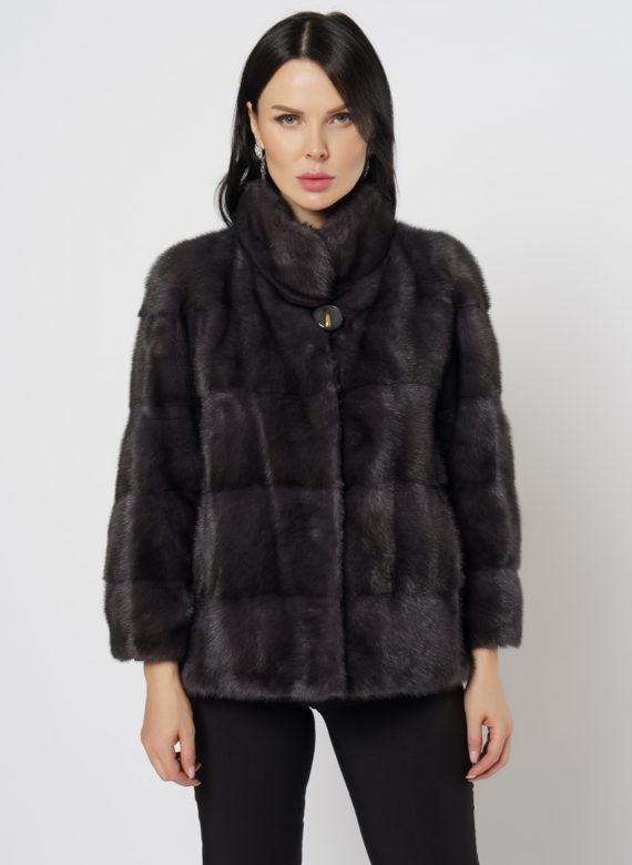 Норковая шуба с воротником стойка в цвете графит