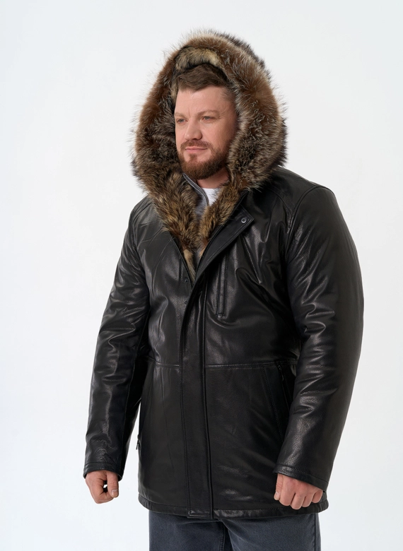Мужская натуральная дубленка на волке с отделкой из меха енота