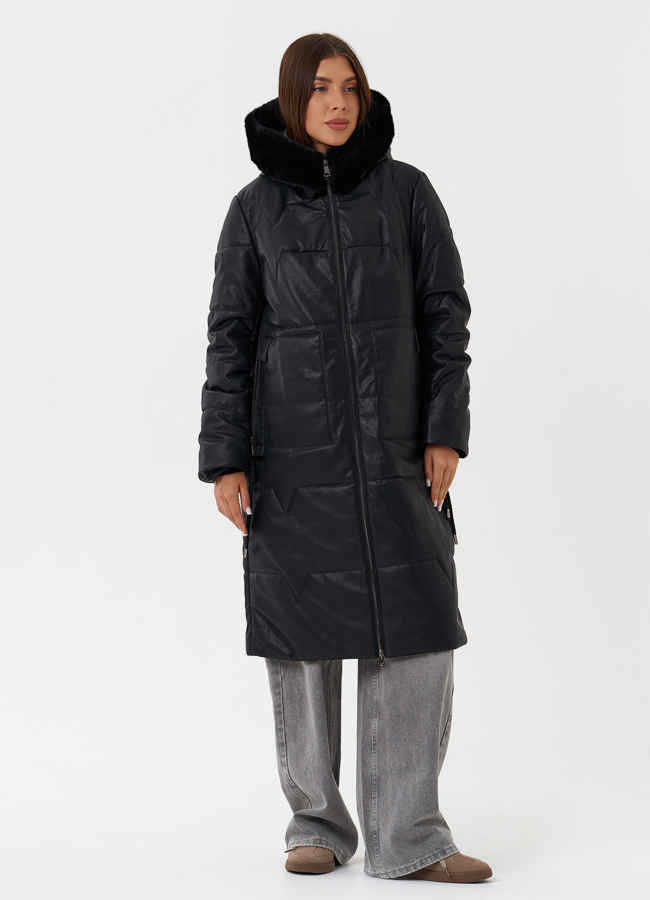Стеганое пальто из эко кожи модель № 27732 в кредит