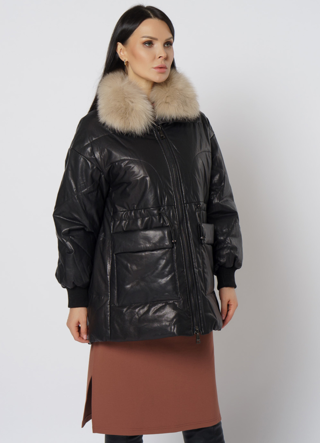 Утепленная кожаная куртка с песцом модель № 21796 универмаг малина