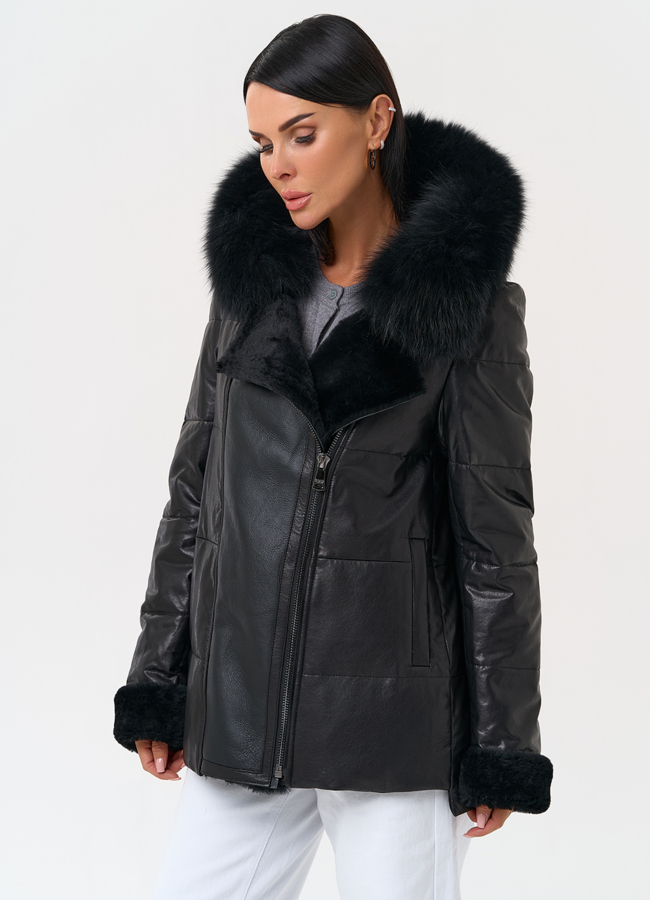 Короткий пуховик из натуральной кожи с капюшоном модель № 6402 универмаг малина