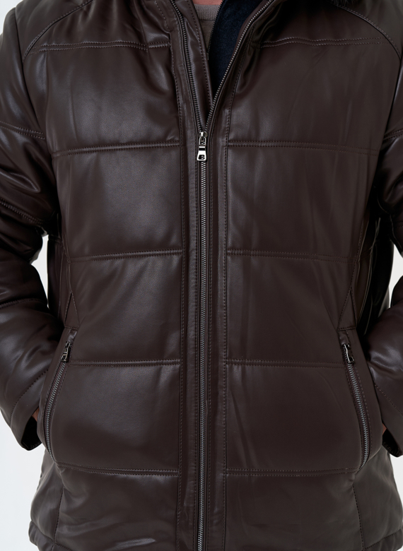 Пуховик из эко кожи с капюшоном из меха енота Пуховик из эко кожи с капюшоном из меха енота