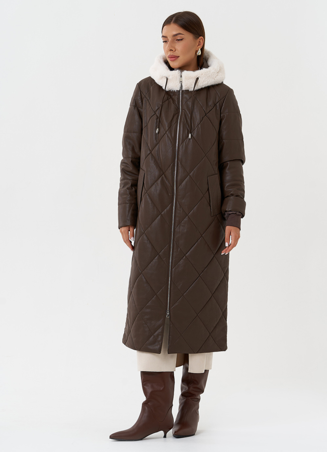 Пуховик из эко кожи с капюшоном модель № 27730 в кредит