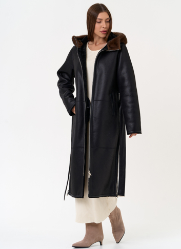 Женская дубленка из эко замши с поясом