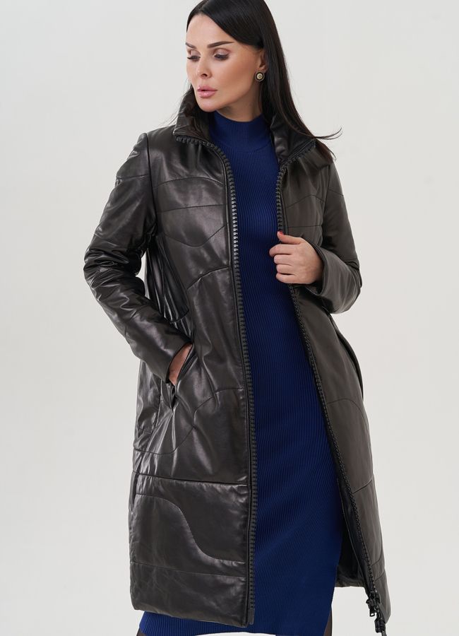 Пуховик из натуральной кожи на молнии с капюшоном модель № 19575 универмаг малина