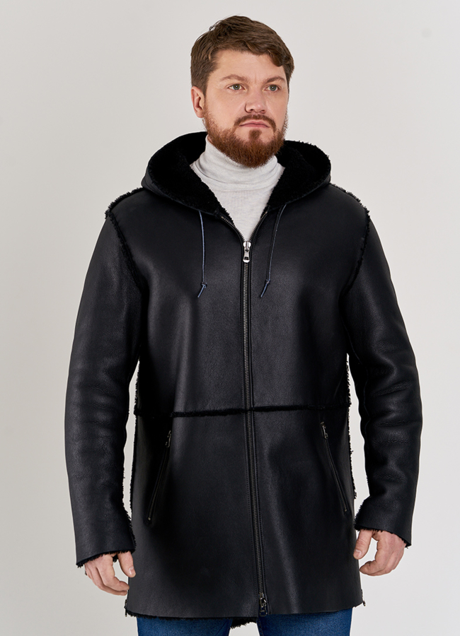 Дубленка мужская с капюшоном модель № DM-500 меха малина