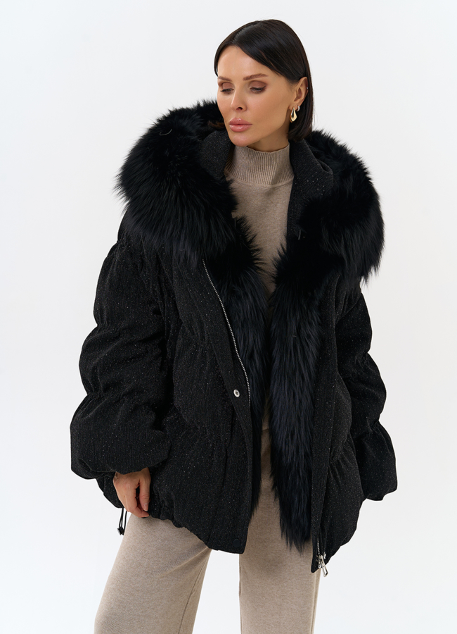 Женский блестящий пуховик с отделкой из меха чернобурки модель № 31816 универмаг малина