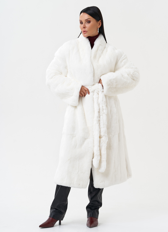 Длинная шуба из меха кролика модель № 0130 меха малина