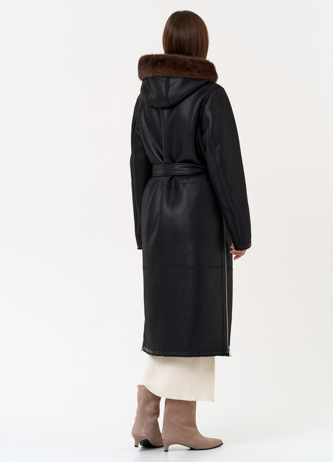 Женская дубленка из эко замши с поясом модель № 31432 в кредит