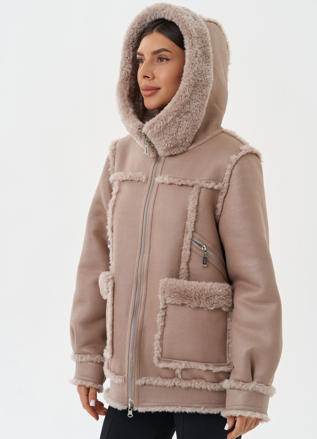 Двухсторонняя эко дубленка с капюшоном модель № 28649 универмаг малина