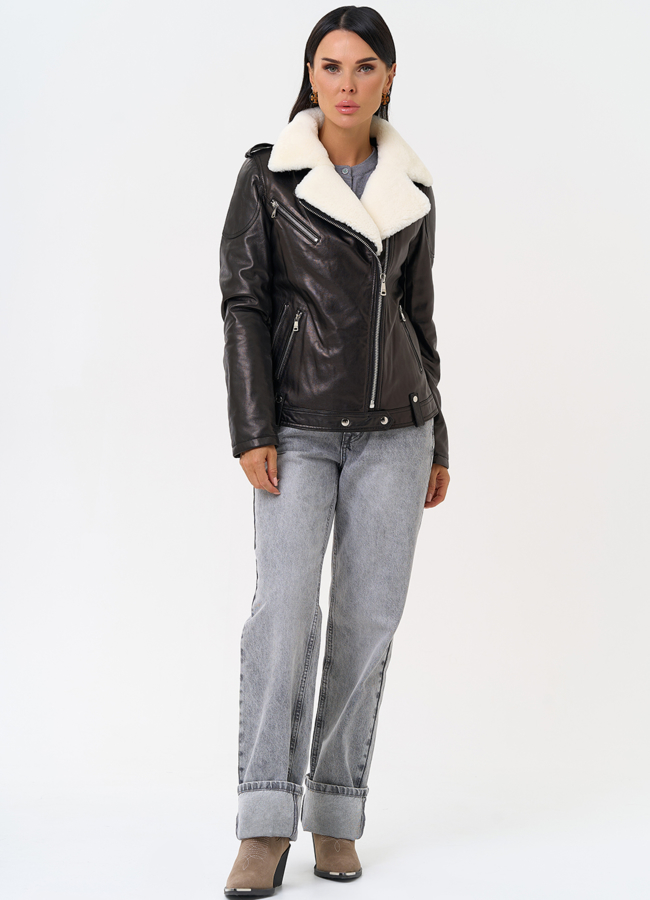 фото Утепленная кожаная куртка с мехом модель № 75330