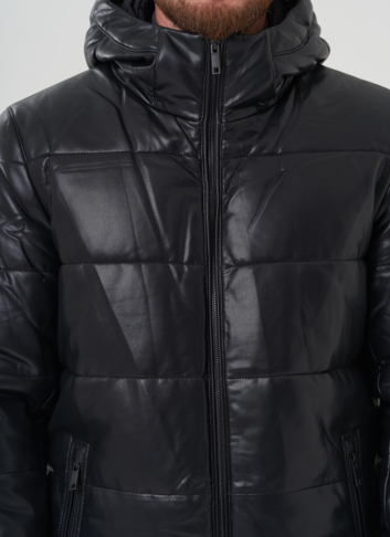 Пуховик мужской из эко кожи с капюшоном 