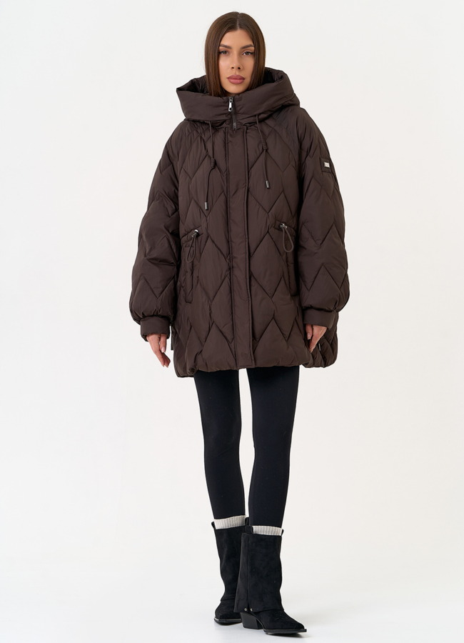 Женский пуховик с капюшоном коричневого цвета модель № 31519 универмаг малина