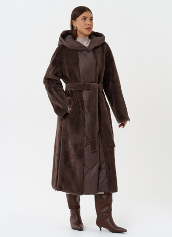 Комбинированное пальто на утеплении с капюшоном