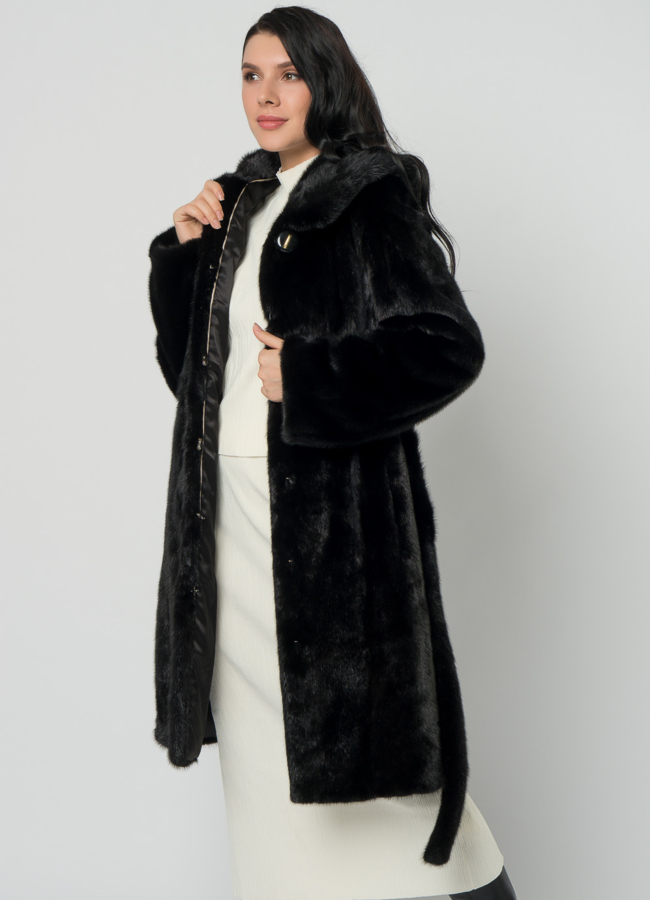 Норковая шуба с капюшоном и поясом черного цвета модель № 29529 универмаг малина