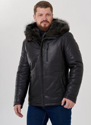 Мужской пуховик из натуральной кожи с мехом