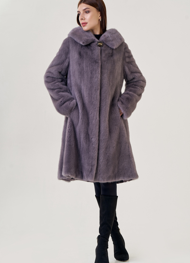 фото Шуба с капюшоном фиолетового цвета модель № 25819