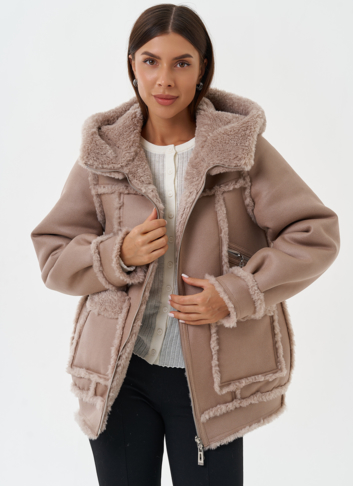 Двухсторонняя эко дубленка с капюшоном