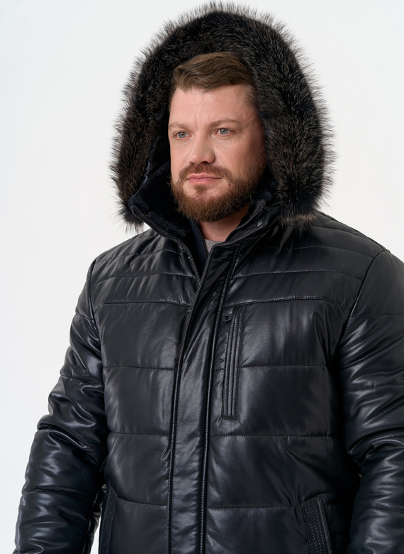 Пуховик из эко кожи с капюшоном из меха енота Пуховик из эко кожи с капюшоном из меха енота