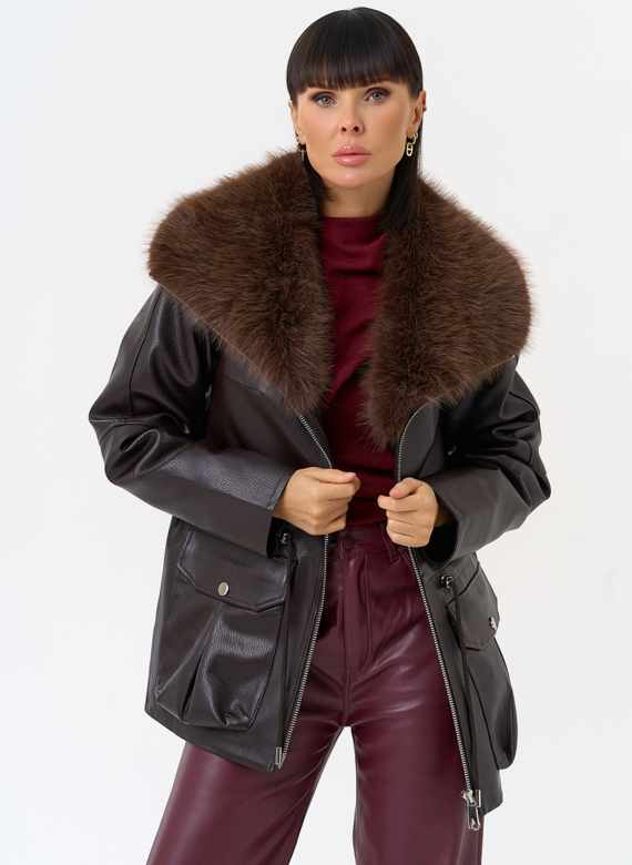 Удлиненная куртка из эко кожи с воротником из эко меха