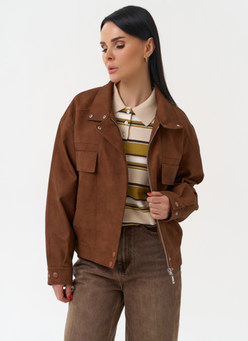 Женская куртка бомбер из эко кожи коричневого цвета
