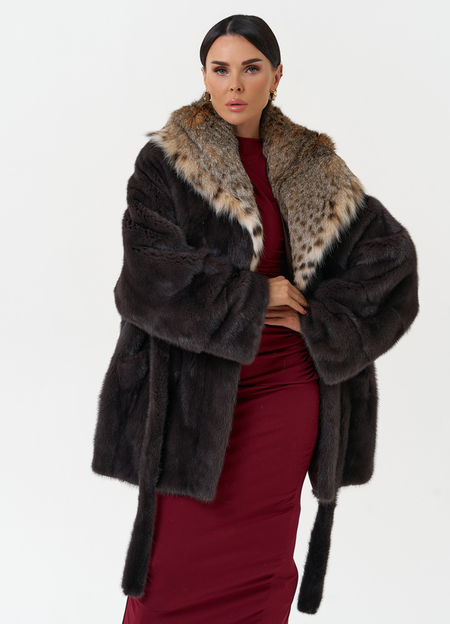 Женская шуба из меха норки с капюшоном из меха рыси модель № 31164 универмаг малина