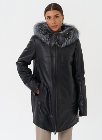 Утепленное полупальто из натуральной кожи с капюшоном 