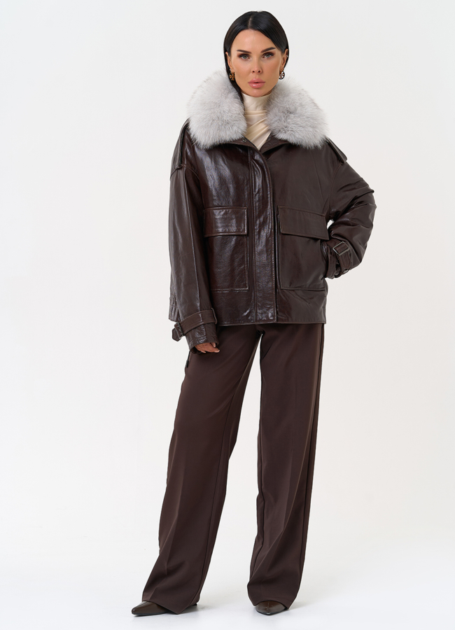 Короткий пуховик из натуральной кожи модель № 6382 универмаг малина