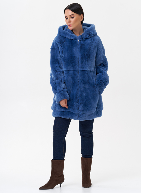 Шуба из меха кролика с капюшоном