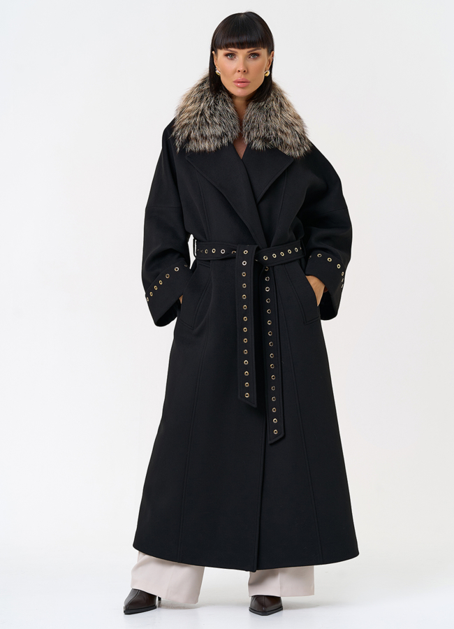 Утепленное женское пальто с английским воротником из меха лисы модель № 31552 в рассрочку