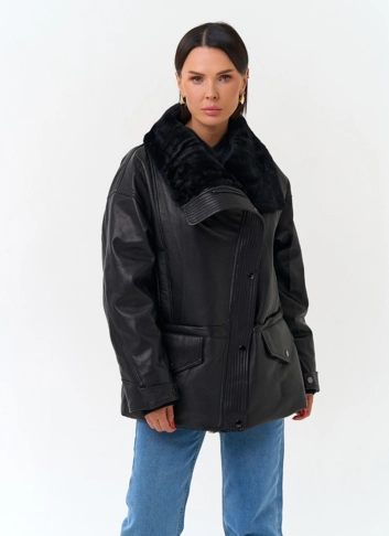 Женский пуховик из натуральной кожи фото