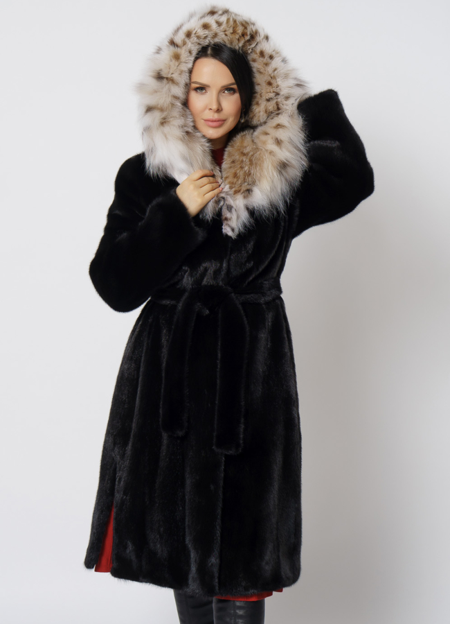Норковая шуба с рысью в черном цвете модель № 25002 универмаг малина