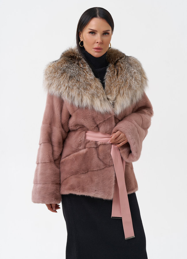 Короткая шуба из норки с капюшоном из рыси модель № 29264 универмаг малина