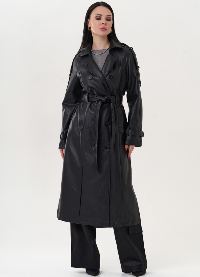 Тренч черного цвета из эко кожи модель № 26794 в кредит