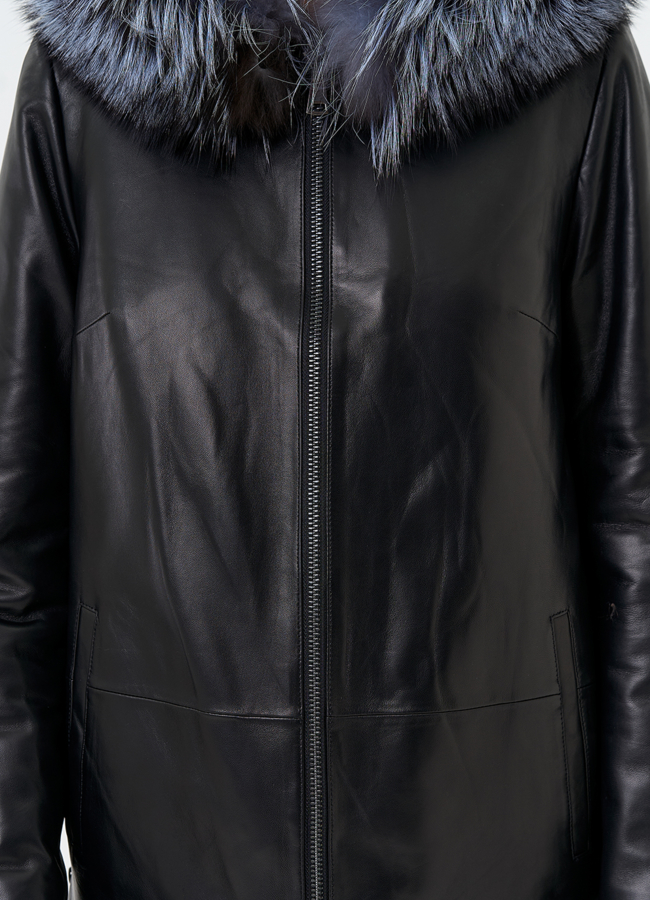 Женская куртка из натуральной кожи с капюшоном из меха чернобурки модель № 31666 универмаг малина