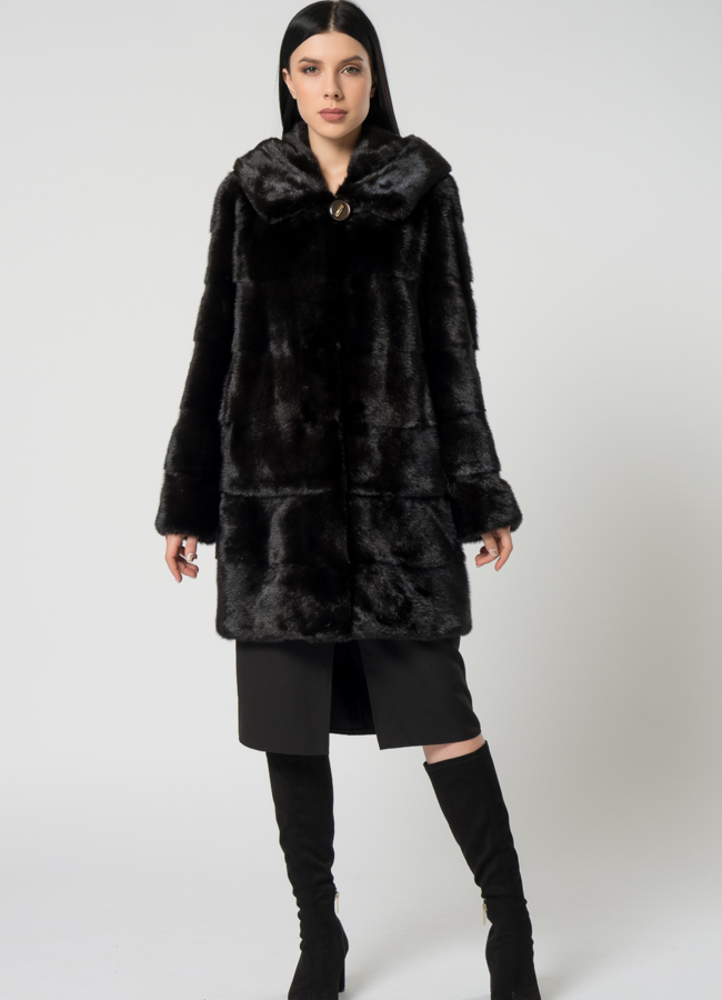 фото Норковая шуба с капюшоном модель № 24726