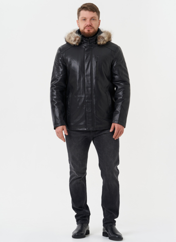 Пуховик из эко кожи с мехом енота Пуховик из эко кожи с мехом енота