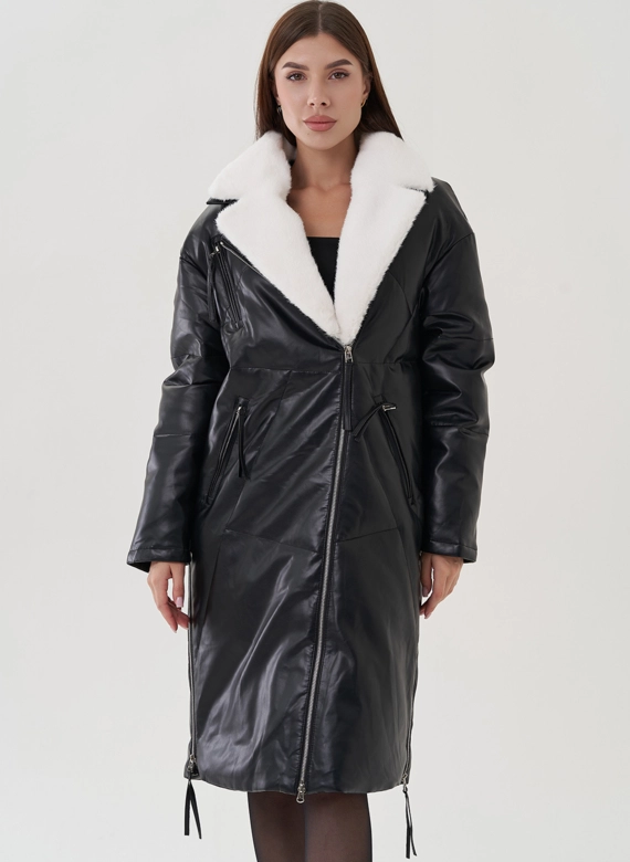 Пуховик женский из эко кожи с английским воротником
