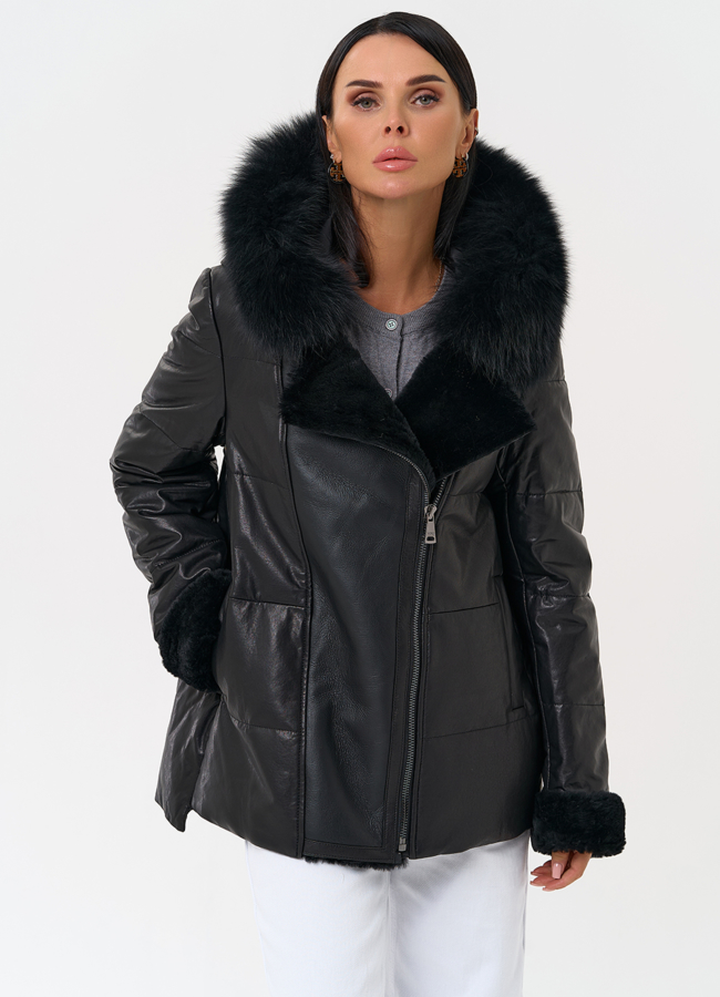 Короткий пуховик из натуральной кожи с капюшоном модель № 6402 универмаг малина