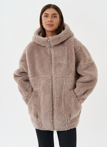 Двухсторонняя эко дубленка с капюшоном