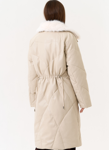 Женский пуховик из эко кожи с отделкой из эко меха