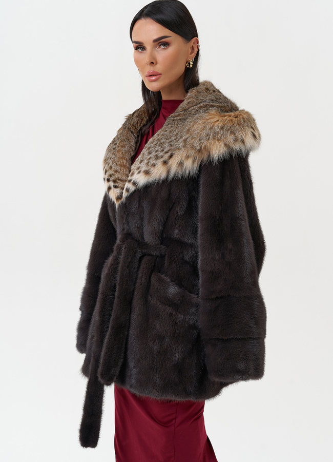 Женская шуба из меха норки с капюшоном из меха рыси модель № 31164 универмаг малина