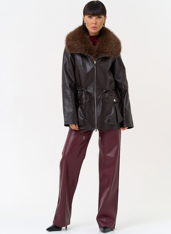 Удлиненная куртка из эко кожи с воротником из эко меха