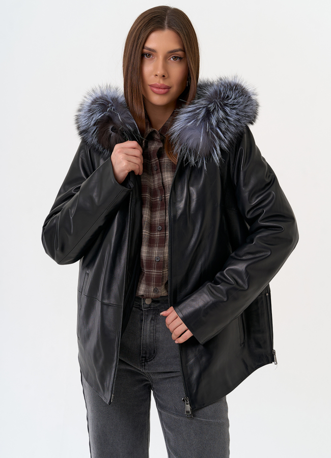 Женская куртка из натуральной кожи с капюшоном из меха чернобурки модель № 31666 универмаг малина