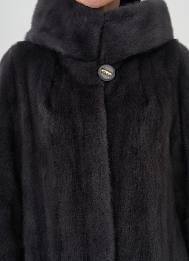 Норковая шуба годе/балетка в роспуск с капюшоном цвета графит модель № 25009 в рассрочку