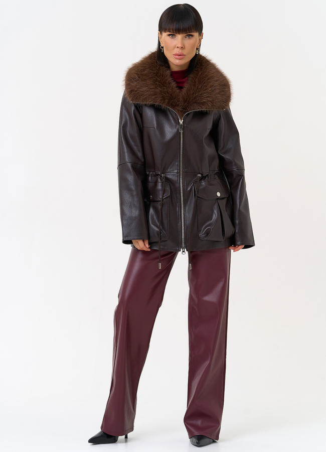 Удлиненная куртка из эко кожи с воротником из эко меха модель № 31541 универмаг малина