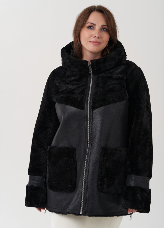 Женская дубленка с капюшоном  модель № 25402 меха малина