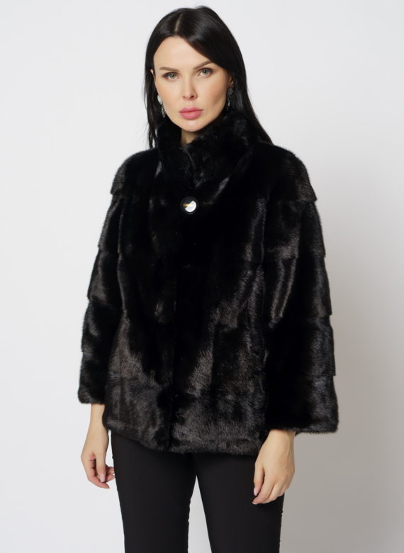 Норковая шуба с воротником стойка черного цвета 